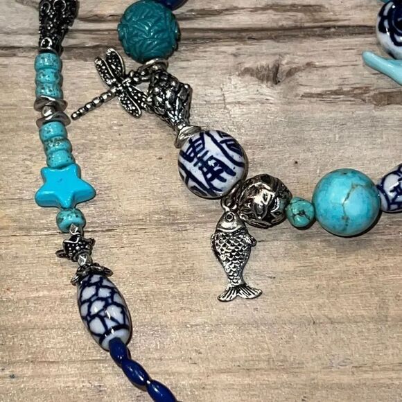 Oriental Long Neckless And BraceletSet With Dragonfly, Birds, Fish, Flowers - Picture 7 of 9